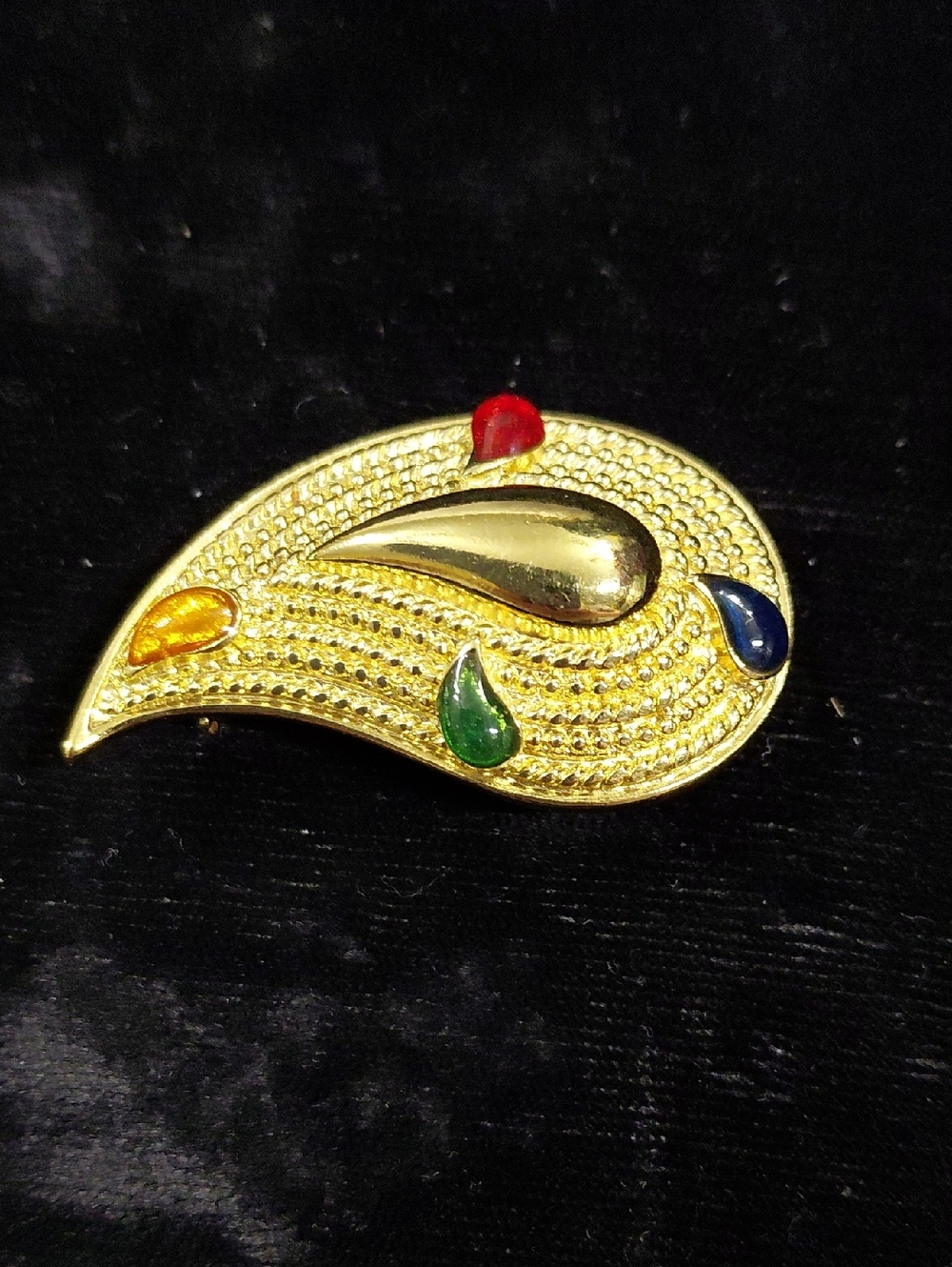 Avon Gold-Tone Paisley Brooch with Red, Blue, Green & Yellow Accents
